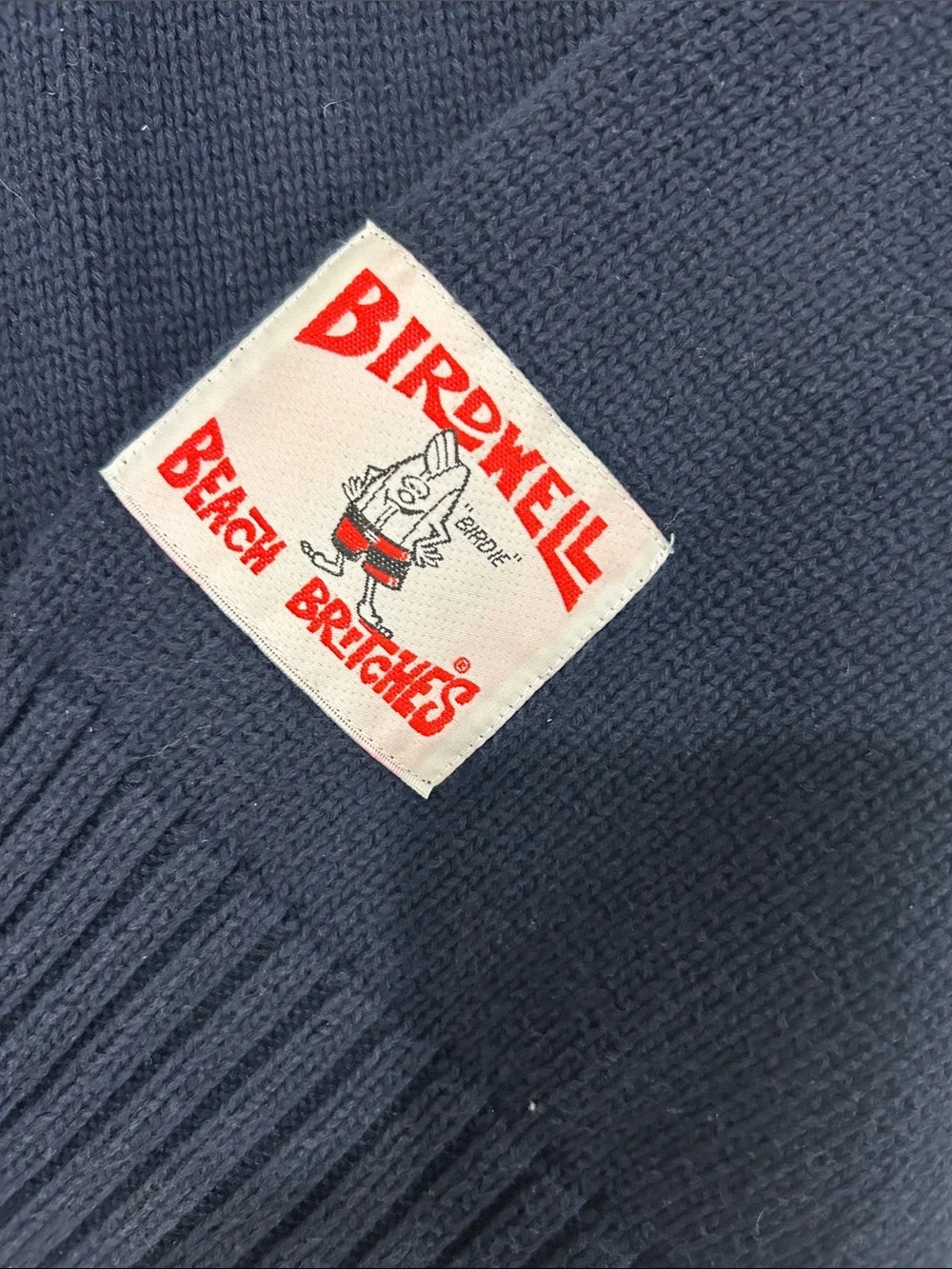 Birdwell Navy Crewneck Sweater with Cream Sleeve Stripe and Navy Elbow Patches